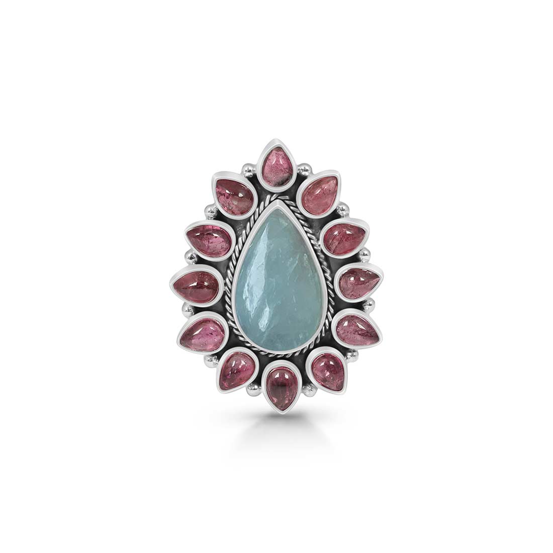 Aquamarine And Pink Tourmaline Flower Adjustable Ring-(AQM-FLR-1.)